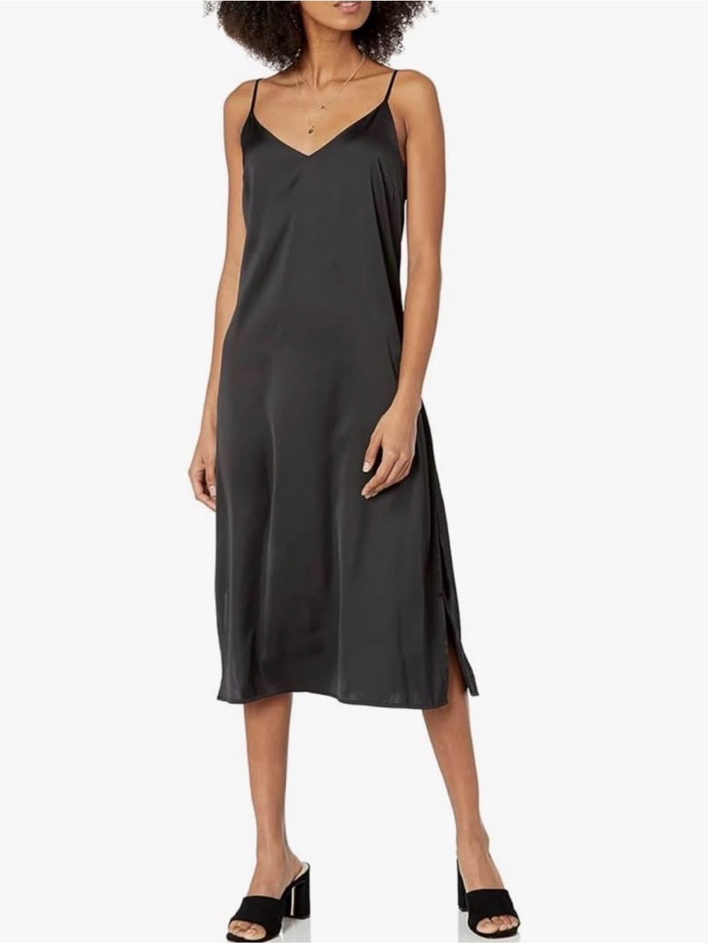 Satin V-Neck Slip Dress in Black